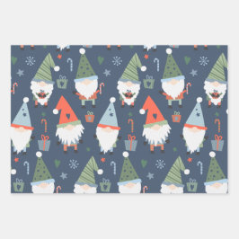 Christmas Gnomes Santa Claus Blue Green Whimsical Geschenkpapier Set