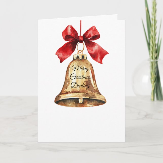 Christmas Gold Bell Red Bow Karte (Vorderseite)