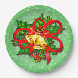 Christmas Gold Bells Green Holly Red Ribbon 9" Pappteller