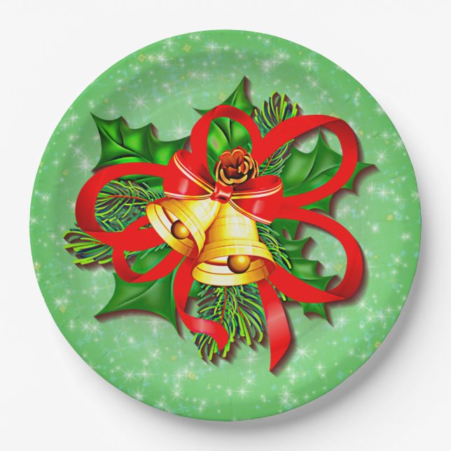 Christmas Gold Bells Green Holly Red Ribbon 9" Pappteller (Vorderseite)