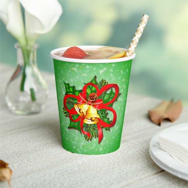 Christmas Gold Bells Green Holly Red Ribbon Pappbecher (In Situ)