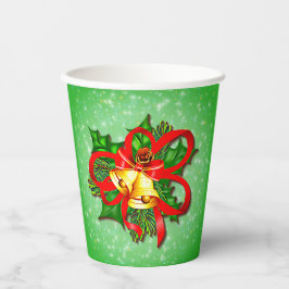 Christmas Gold Bells Green Holly Red Ribbon Pappbecher