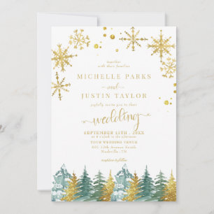 Christmas Gold Green Woodland Pine Trees Wedding I Einladung