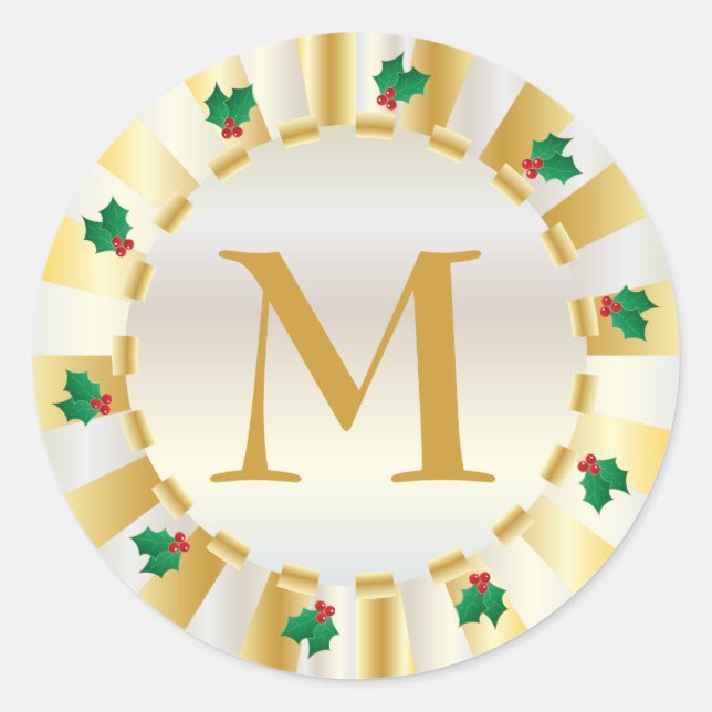 Christmas Gold Holly Monogram Umschlag Aufkleber (Vorderseite)