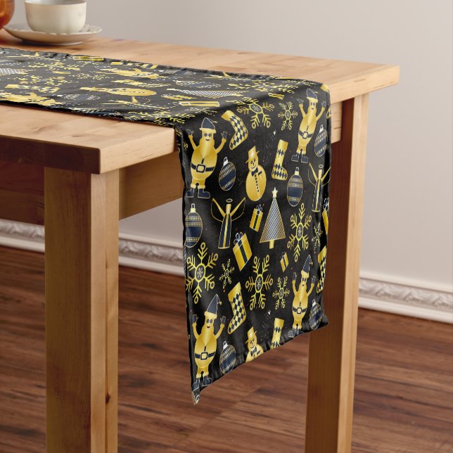 Christmas Gold Santa Snowman Strumpf Pattern Kurzer Tischläufer (Beispiel)