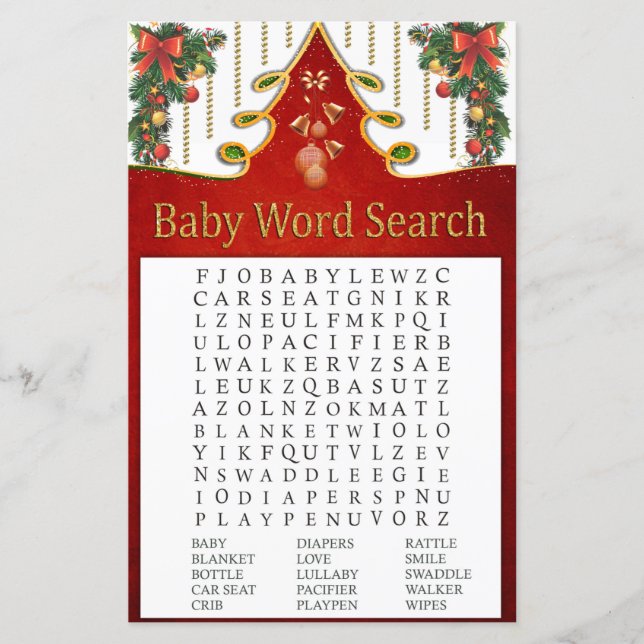Christmas Gold Tree Baby Shower Word Search Game (Vorderseite)