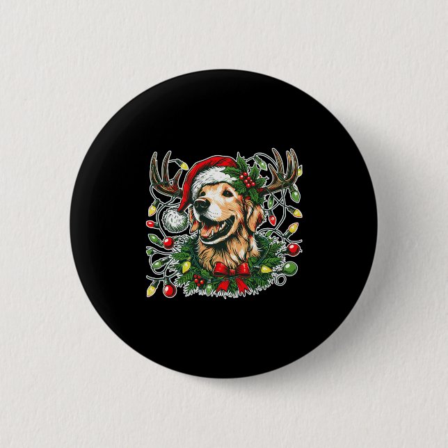Christmas Golden Retriever Antlers Santa Hat Long  Button (Vorderseite)