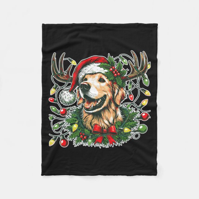 Christmas Golden Retriever Antlers Santa Hat Long  Fleecedecke (Vorderseite)