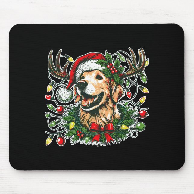 Christmas Golden Retriever Antlers Santa Hat Long  Mousepad (Vorne)