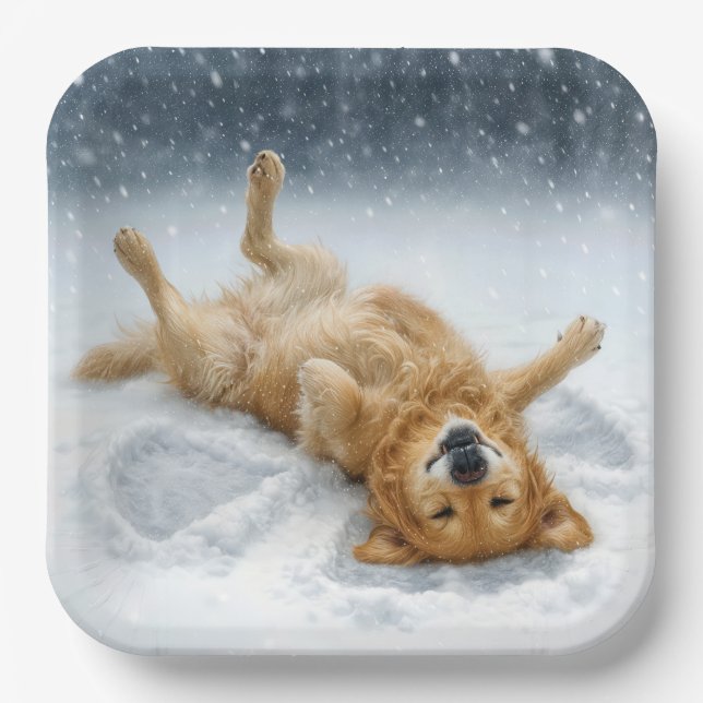 Christmas Golden Retriever Making a Snow Angel Pappteller (Vorderseite)