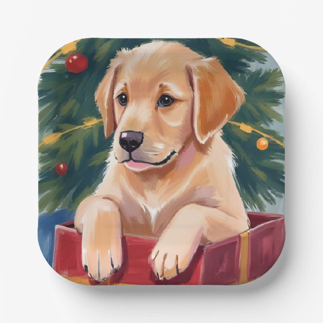 Christmas Golden Retriever Puppy Present Holiday Pappteller (Vorderseite)