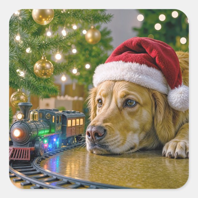 Christmas Golden Retriever Watching a Toy Train Quadratischer Aufkleber (Vorderseite)