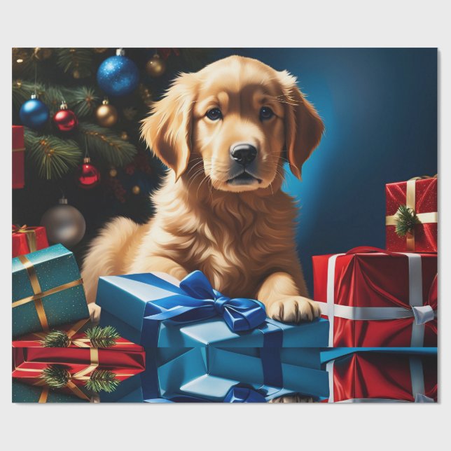 CHRISTMAS GOLDEN RETRIEVY PUPPY GESCHENKPAPIER (Flach)