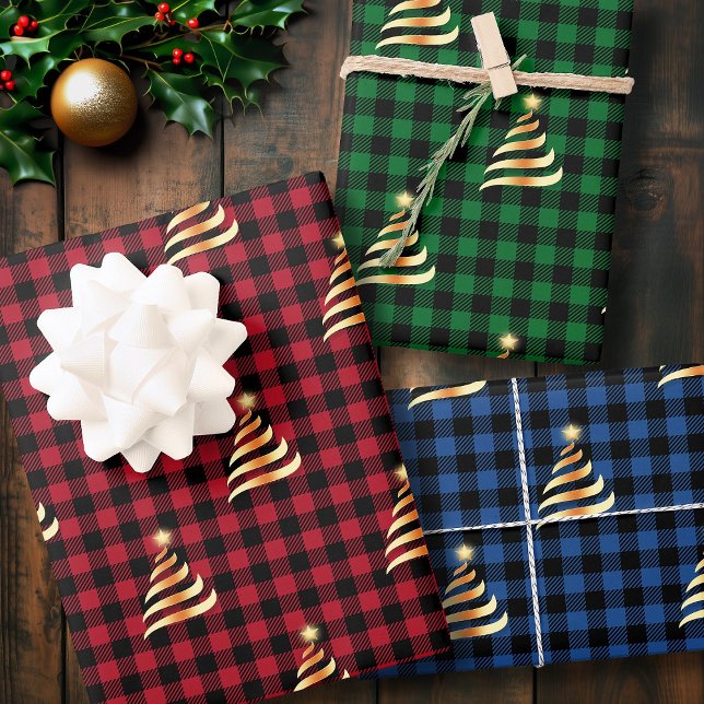 Christmas Golden Tree Buffalo Kariert Red Green Bl Geschenkpapier Set (Christmas Golden Tree Buffalo Plaid Red Green Blue Wrapping Paper Sheets)