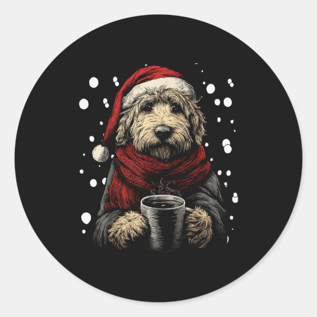Christmas Goldendoodle Santa Hat Coffee Lover Funn Runder Aufkleber (Vorderseite)