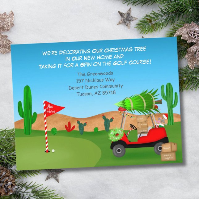 Christmas Golf Cart  Moving Boxes Desert Course Ankündigungspostkarte (Von Creator hochgeladen)