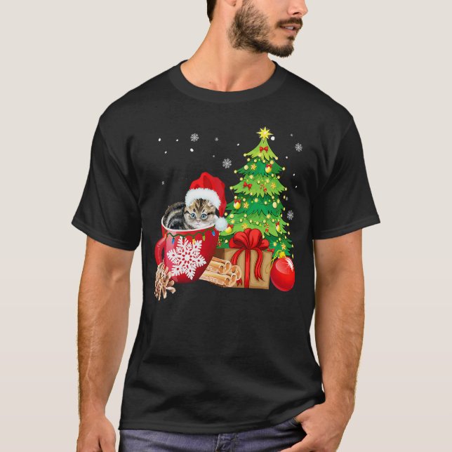 Christmas Gray Tabby Cat Ugly Xmas Tree Lights Paj T-Shirt (Vorderseite)
