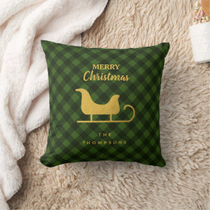 Christmas Green Black Buffalo Kariert Santa Sleigh Kissen