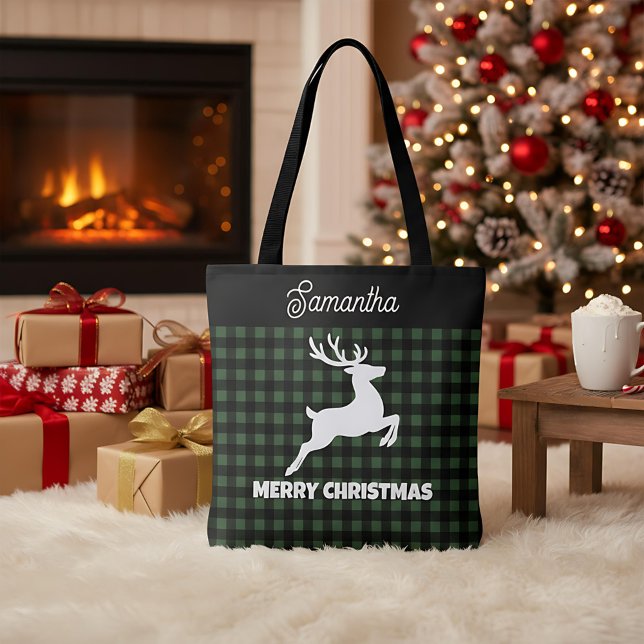 Christmas Green & Black Plaid Reindeer Custom Name (Von Creator hochgeladen)