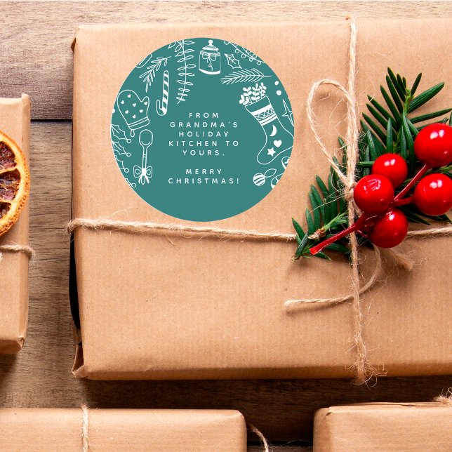 Christmas Green Cheer Holiday Baking Hand Drawn Runder Aufkleber (Von Creator hochgeladen)