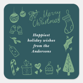 Christmas Green Cute Festive Hand Drawn Doodles Quadratischer Aufkleber