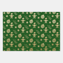 CHRISTMAS GREEN & GOLD URLAUB BÄUME ORNAMENTS GESCHENKPAPIER SET