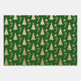 CHRISTMAS GREEN & GOLD URLAUB BÄUME ORNAMENTS GESCHENKPAPIER SET
