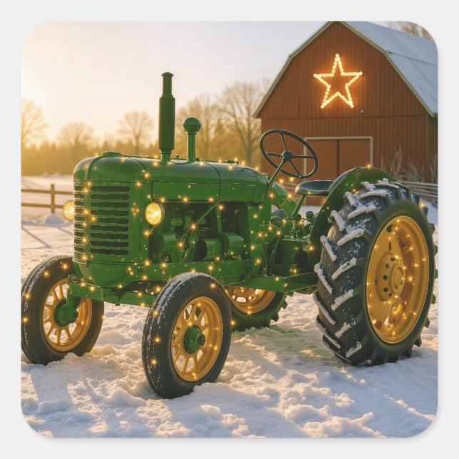 Christmas Green Tractor With Glowing Lights Quadratischer Aufkleber (Vorderseite)