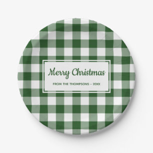 Christmas Green White Buffalo Karo mit Ihrem Namen Pappteller