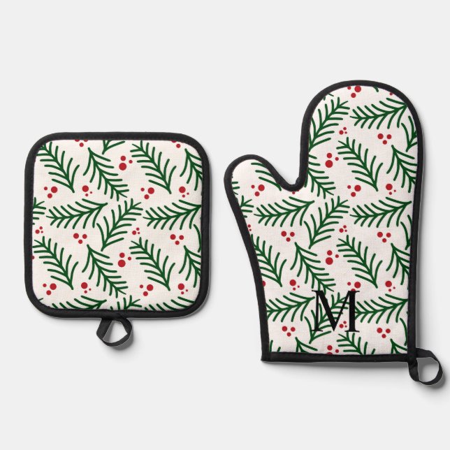 Christmas Greenery Berries INITIAL Modern Holiday Ofenhandschuh & Topflappen-Set (Vorderseite)