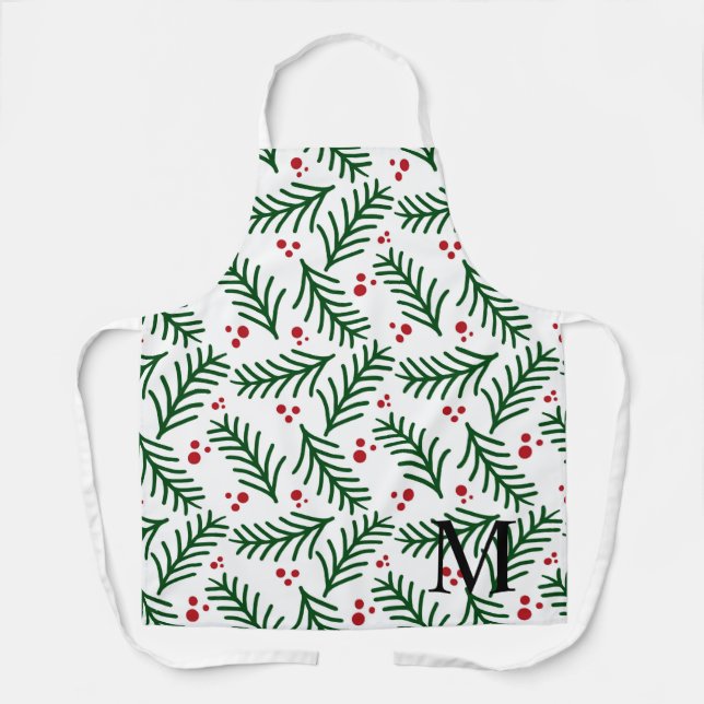 Christmas Greenery Berries INITIAL Modern Holiday Schürze (Vorderseite)