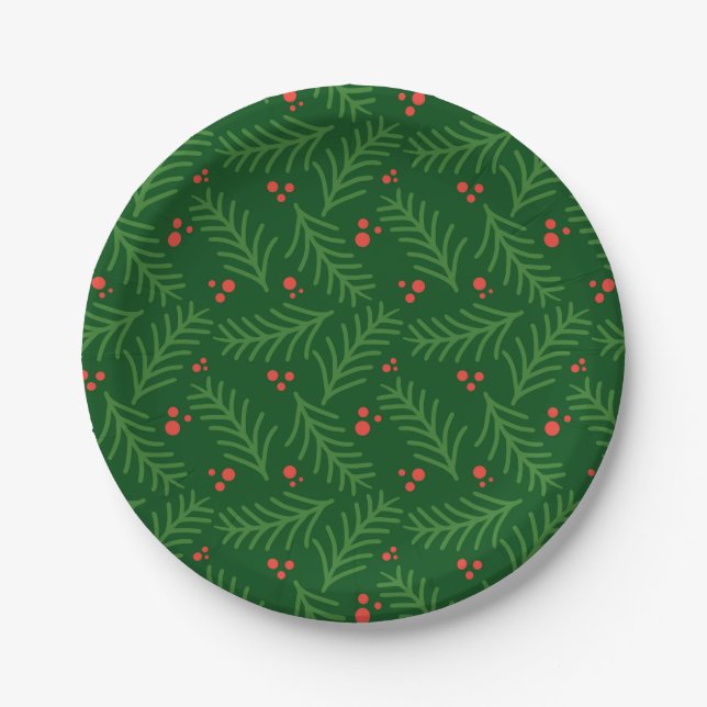 Christmas Greenery Berries Red Green Festive Mod Pappteller (Vorderseite)