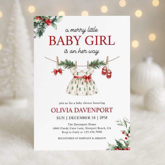 Christmas Greenery Merry Little Girl Baby Shower Einladung (Von Creator hochgeladen)
