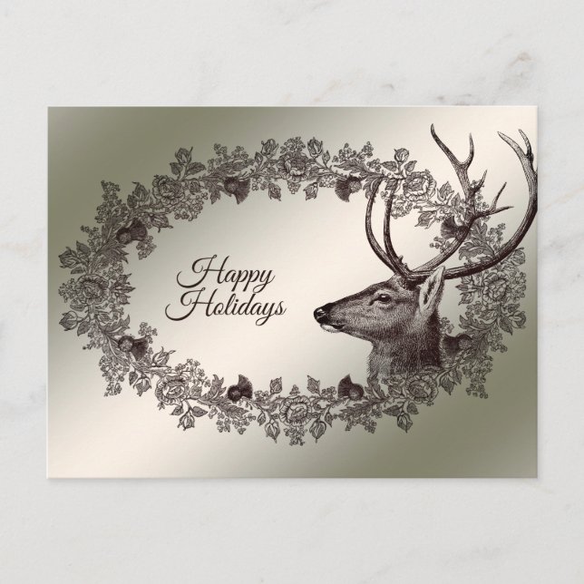 Christmas Greeting Floral Reindeer Golden Winter Postkarte (Vorderseite)