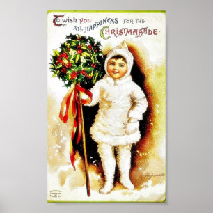 Christmas greeting with a boy holding holy leaves poster