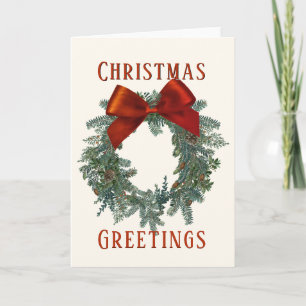 Christmas Greetings Green Wreath Red Bow  Feiertagskarte