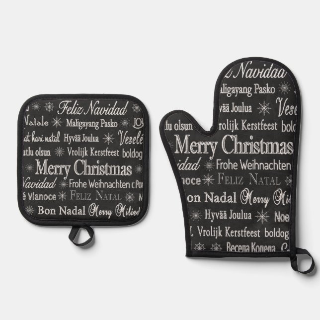 Christmas Greetings Multiple Languages Chalkboard Ofenhandschuh & Topflappen-Set (Vorderseite)
