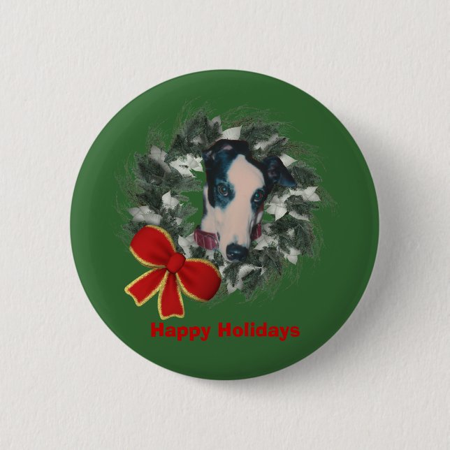 Christmas Greyhound Wreath Bow Holiday Button Pin (Vorderseite)