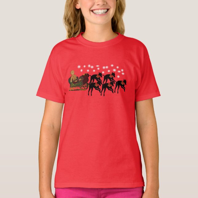 Christmas Greyhounds Pulling Sleigh T-Shirt (Vorderseite)