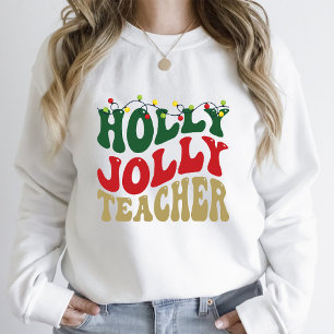 Christmas Groovy Holly Jolly Teacher White T-Shirt