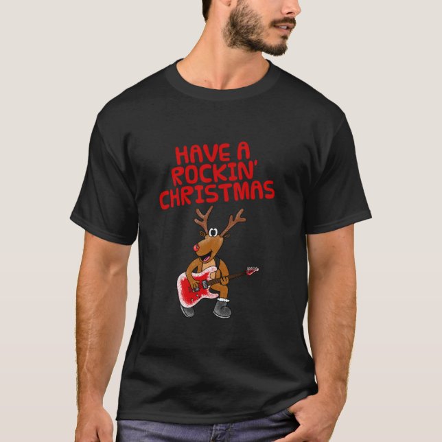 Christmas Guitarist Reindeer Electric Guitar Music T-Shirt (Vorderseite)