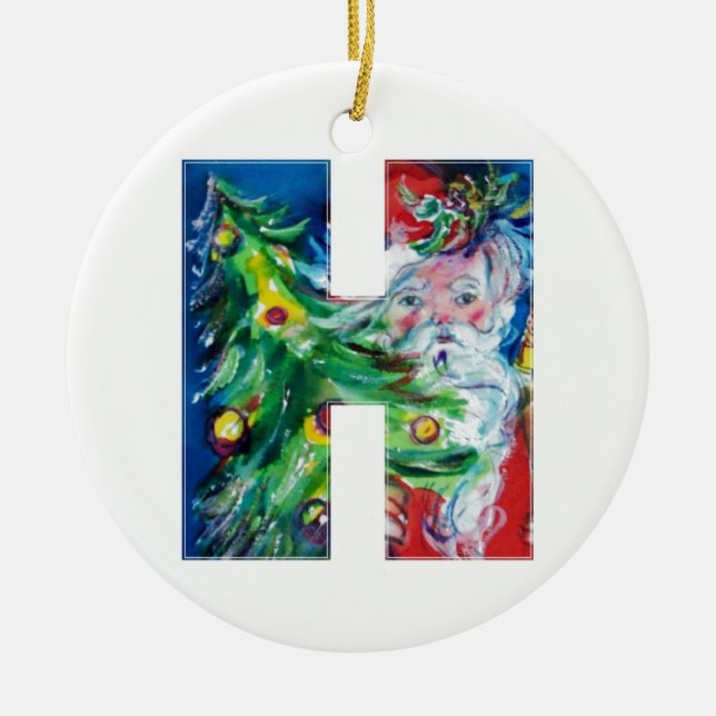 CHRISTMAS H LETTER / SANTA MIT CHRISTMAS TREM KERAMIKORNAMENT (Vorne)