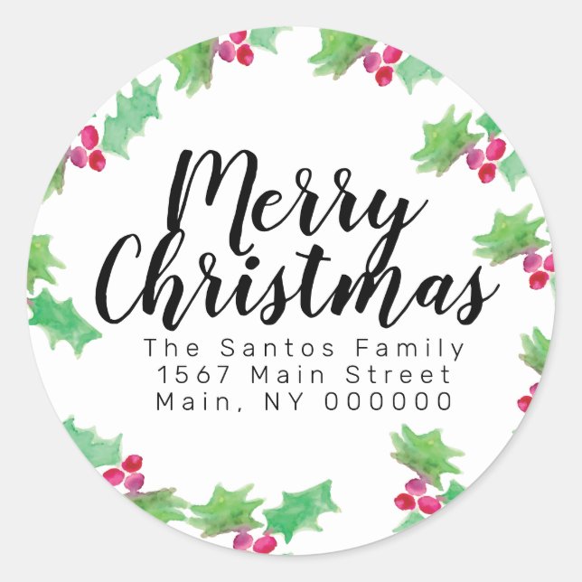 Christmas Hand Watercolor Holly Berry Adresse Runder Aufkleber (Vorderseite)