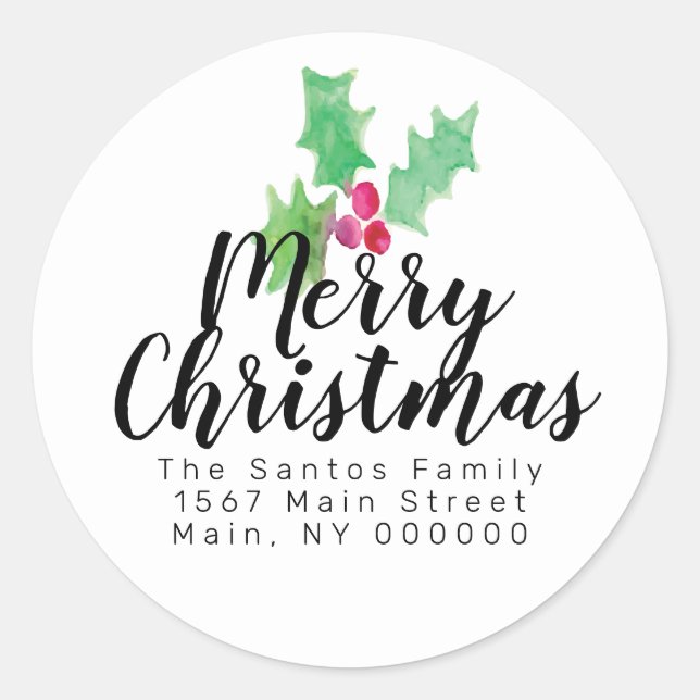 Christmas Hand Watercolor Holly Berry Adresse Runder Aufkleber (Vorderseite)