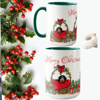 Christmas Happy Holidays, Cute Puppy in a Basket Tasse