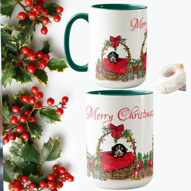 Christmas Happy Holidays, Cute Puppy in a Basket  Tasse (Von Creator hochgeladen)