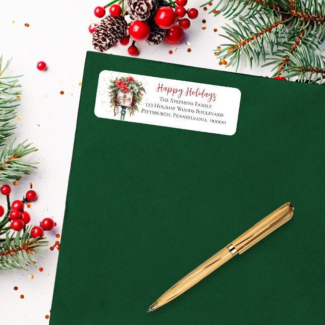 Christmas Happy Holidays Mailbox Floral Monogram (Elegant Christmas Holiday Mailbox Poinsettia Floral Return Address Label)