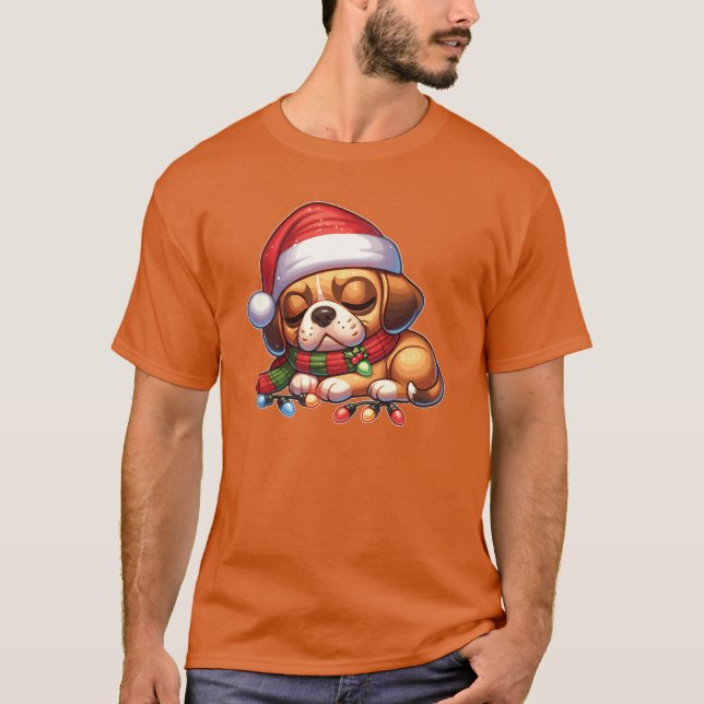 Christmas Hat Weihnachts Fairy Lights Puggle Junge T-Shirt (Vorderseite)