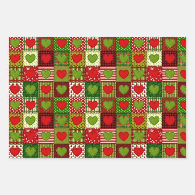 Christmas Hearts Patchwork Quilt Wrapping Sheets  Geschenkpapier Set (Vorderseite)