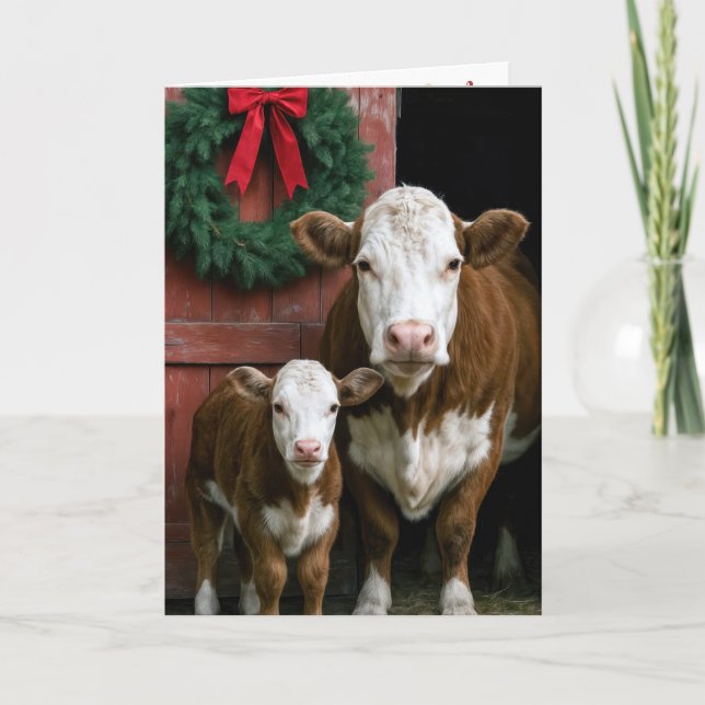 Christmas Hereford Cow and Calf Karte (Vorderseite)